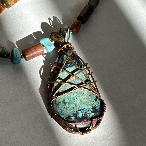 Natural Stone & Copper Pendant Necklace Handmade w Tigers Eye & Turquoise Beads - Picture 8 of 9